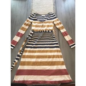 Saturday Sunday Striped Ribbed Scoop Neck Henley Anthropologie Sz S Belted Midi